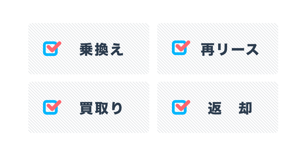 契約満了時に4つの選択肢（乗換え・再リース・返却・買取り）からお選びいただけます。