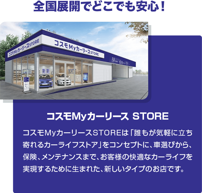 全国展開でどこでも安心！コスモMyカーリース STORE　コスモMyカーリースSTOREは「誰もが気軽に立ち寄れるカーライフストア」をコンセプトに、車選びから、保険、メンテナンスまでお客様の快適なカーライフを実現するために生まれた、新しいタイプのお店です。