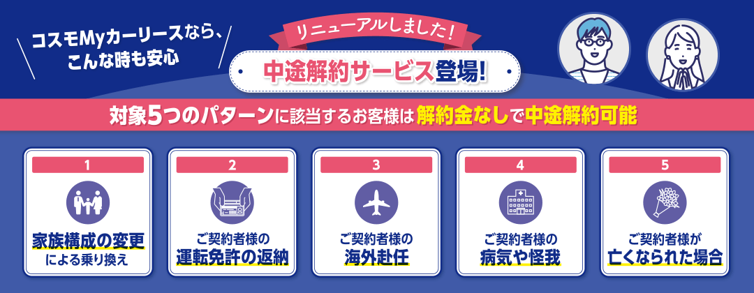 コスモMyカーリースなら、こんな時も安心!中途解約サービス登場!対象5つのパターンに該当するお客様は解約金なしで中途解約可能